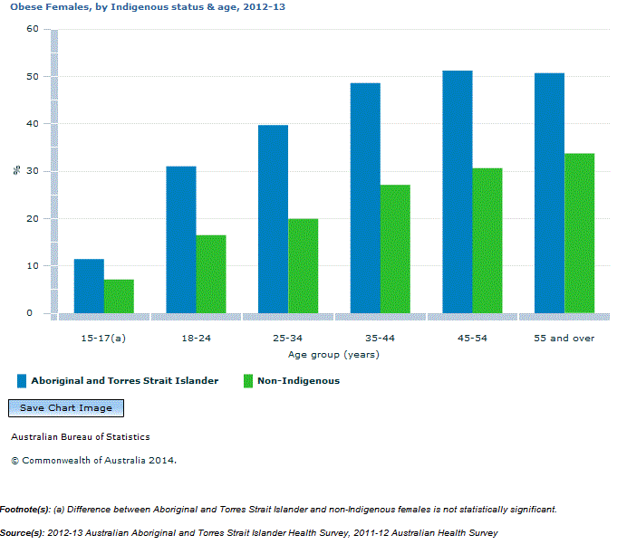 Graph Image for Obese Females, by Indigenous status and age, 2012-13